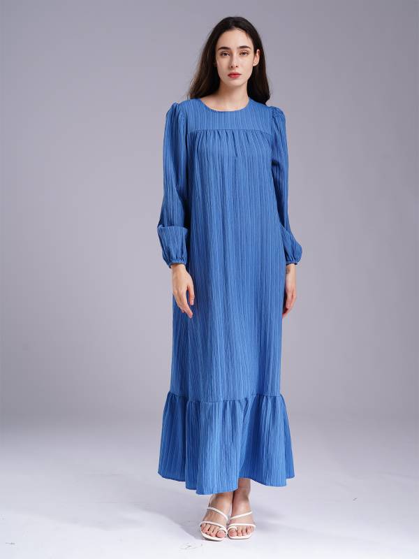 Women Loose Round Neck Long Sleeve Ruffled Hem Maxi Dress for Vacation thumb