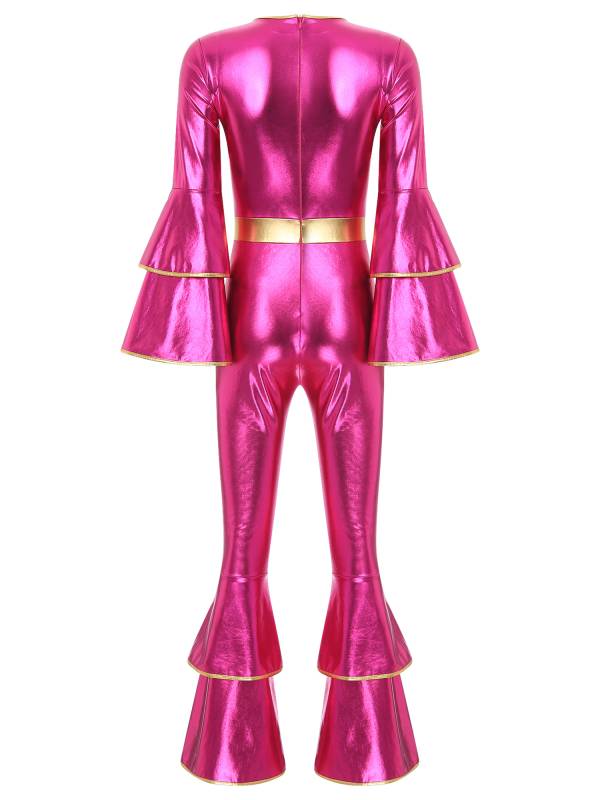Women Long Sleeve Bell Bottom Vintage 70S Disco Metallic Shiny Jumpsuit thumb