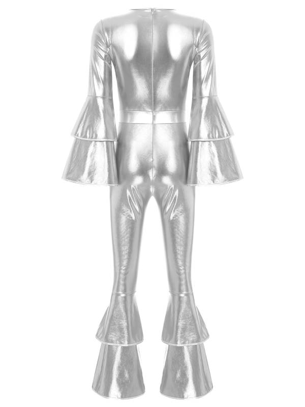 Women Long Sleeve Bell Bottom Vintage 70S Disco Metallic Shiny Jumpsuit thumb