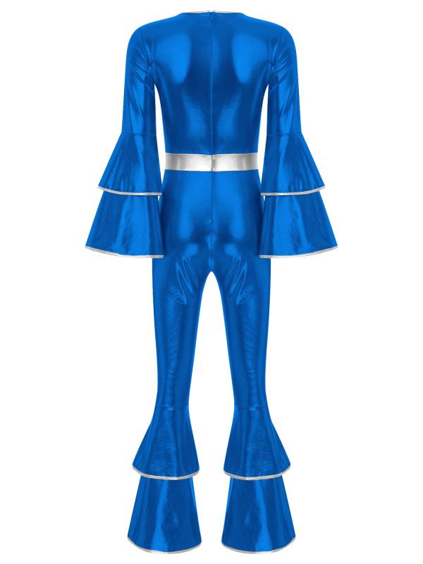 Women Long Sleeve Bell Bottom Vintage 70S Disco Metallic Shiny Jumpsuit thumb