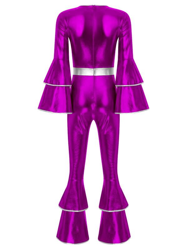 Women Long Sleeve Bell Bottom Vintage 70S Disco Metallic Shiny Jumpsuit thumb