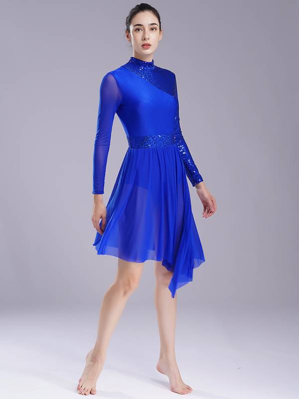 Women Long Sleeve Mock Neck Sequins Asymmetrical Lyrical Dance Leotard Dress thumb