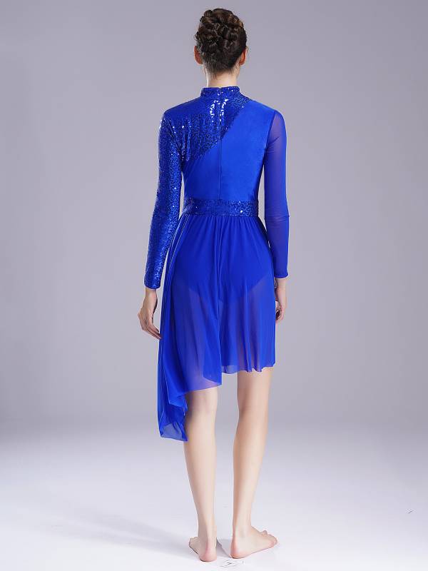 Women Long Sleeve Mock Neck Sequins Asymmetrical Lyrical Dance Leotard Dress thumb