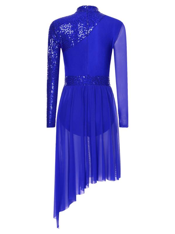 Women Long Sleeve Mock Neck Sequins Asymmetrical Lyrical Dance Leotard Dress thumb