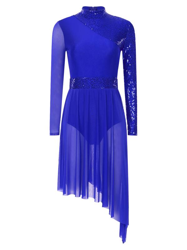 Women Long Sleeve Mock Neck Sequins Asymmetrical Lyrical Dance Leotard Dress thumb