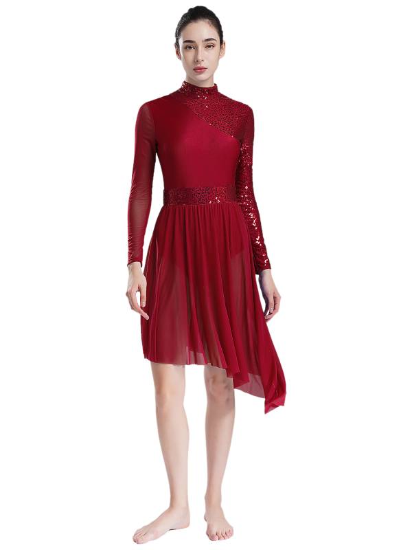 Women Long Sleeve Mock Neck Sequins Asymmetrical Lyrical Dance Leotard Dress thumb