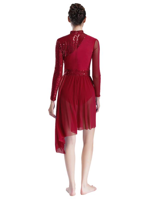 Women Long Sleeve Mock Neck Sequins Asymmetrical Lyrical Dance Leotard Dress thumb