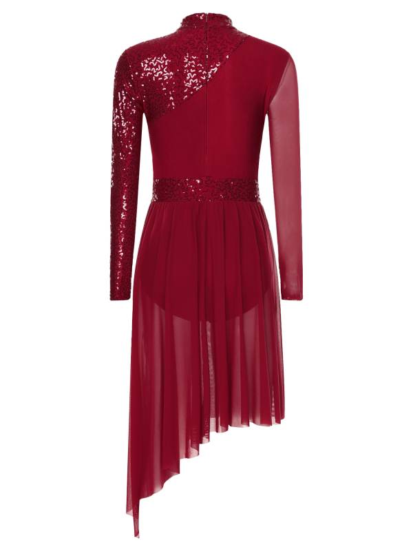 Women Long Sleeve Mock Neck Sequins Asymmetrical Lyrical Dance Leotard Dress thumb
