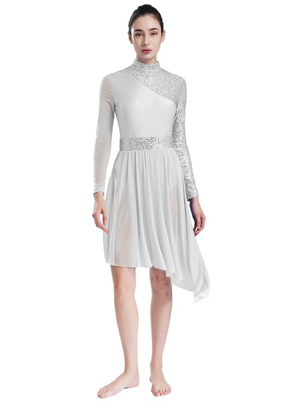Women Long Sleeve Mock Neck Sequins Asymmetrical Lyrical Dance Leotard Dress thumb