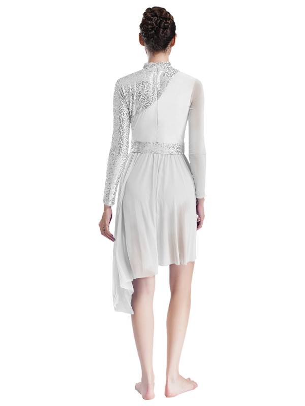 Women Long Sleeve Mock Neck Sequins Asymmetrical Lyrical Dance Leotard Dress thumb