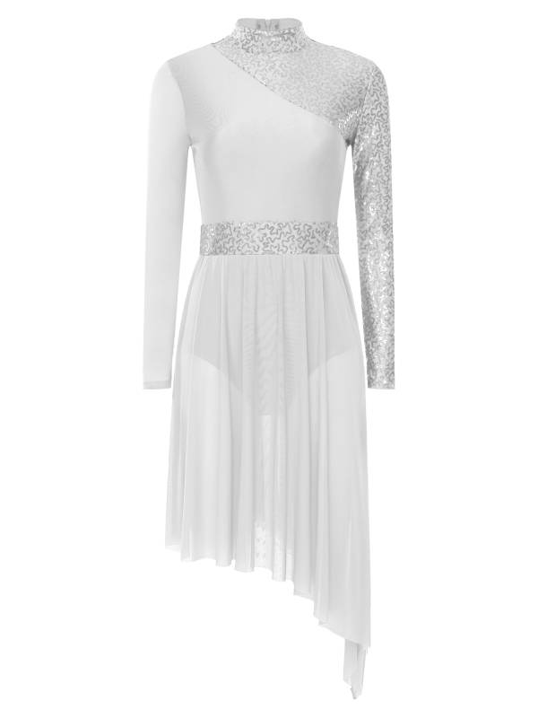 Women Long Sleeve Mock Neck Sequins Asymmetrical Lyrical Dance Leotard Dress thumb