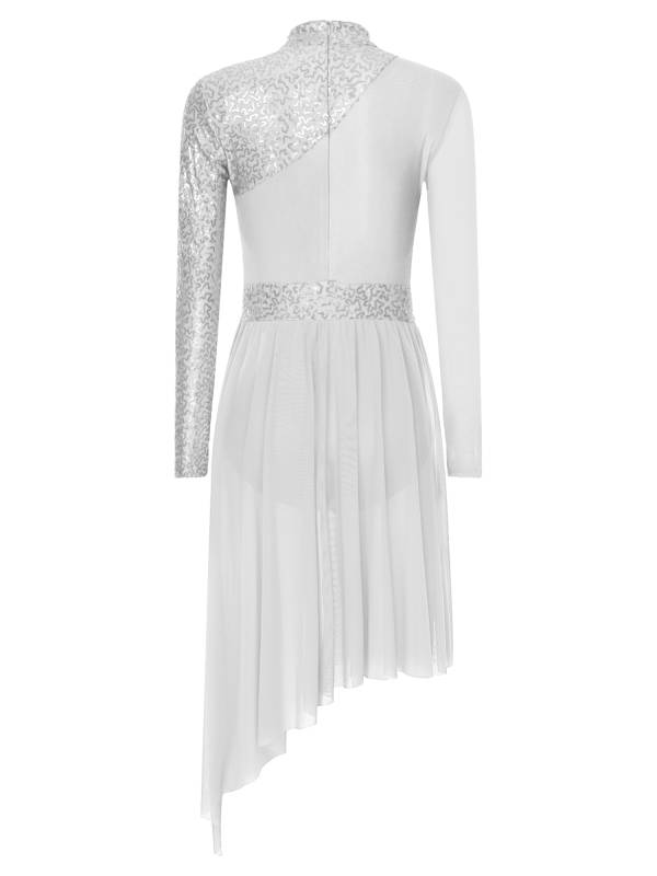 Women Long Sleeve Mock Neck Sequins Asymmetrical Lyrical Dance Leotard Dress thumb