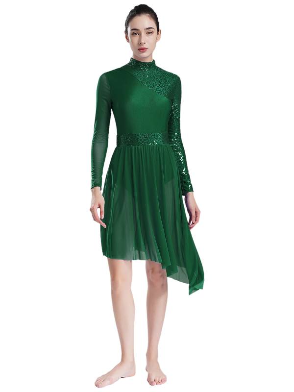 Women Long Sleeve Mock Neck Sequins Asymmetrical Lyrical Dance Leotard Dress thumb