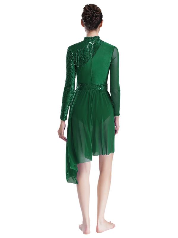 Women Long Sleeve Mock Neck Sequins Asymmetrical Lyrical Dance Leotard Dress thumb