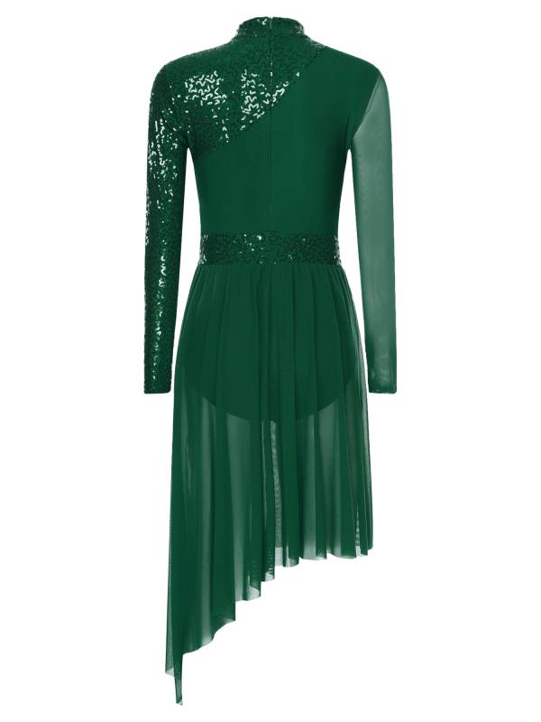 Women Long Sleeve Mock Neck Sequins Asymmetrical Lyrical Dance Leotard Dress thumb