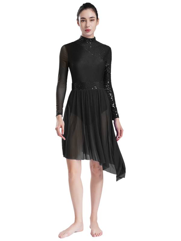 Women Long Sleeve Mock Neck Sequins Asymmetrical Lyrical Dance Leotard Dress thumb