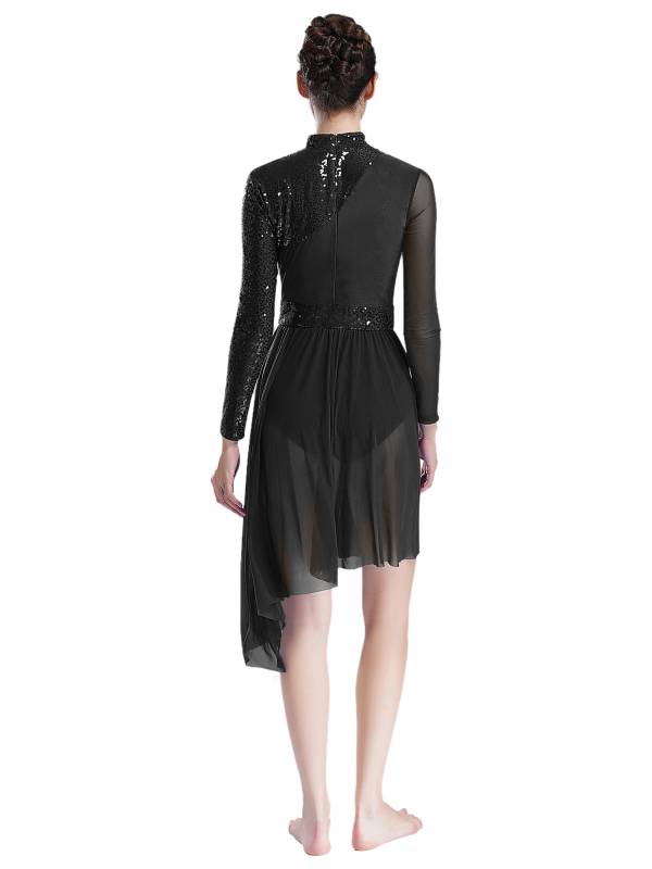 Women Long Sleeve Mock Neck Sequins Asymmetrical Lyrical Dance Leotard Dress thumb