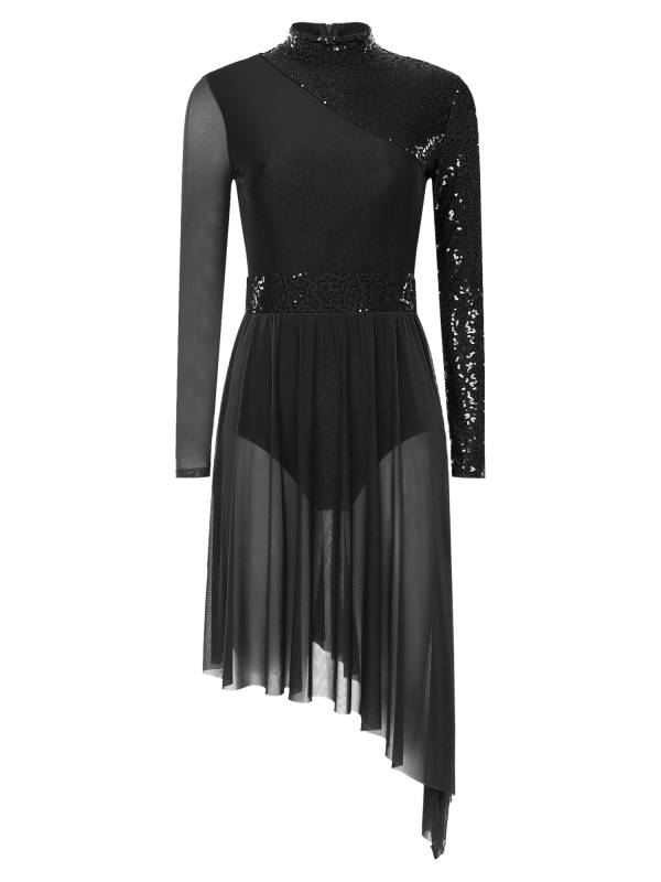 Women Long Sleeve Mock Neck Sequins Asymmetrical Lyrical Dance Leotard Dress thumb