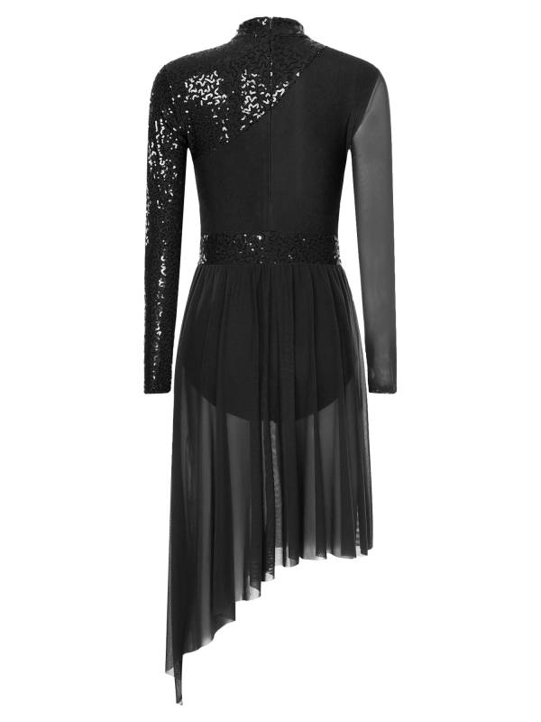 Women Long Sleeve Mock Neck Sequins Asymmetrical Lyrical Dance Leotard Dress thumb