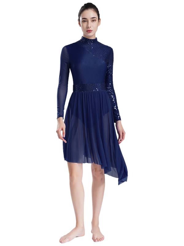 Women Long Sleeve Mock Neck Sequins Asymmetrical Lyrical Dance Leotard Dress thumb