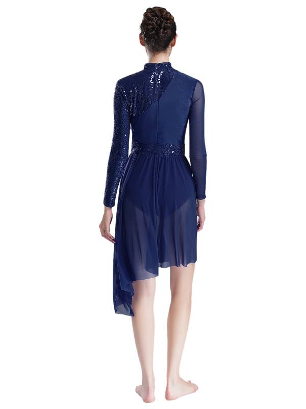 Women Long Sleeve Mock Neck Sequins Asymmetrical Lyrical Dance Leotard Dress thumb