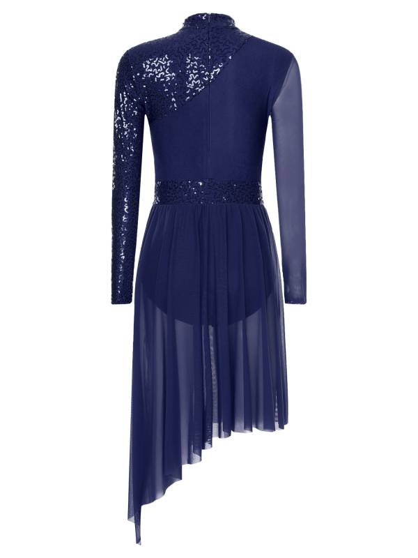 Women Long Sleeve Mock Neck Sequins Asymmetrical Lyrical Dance Leotard Dress thumb