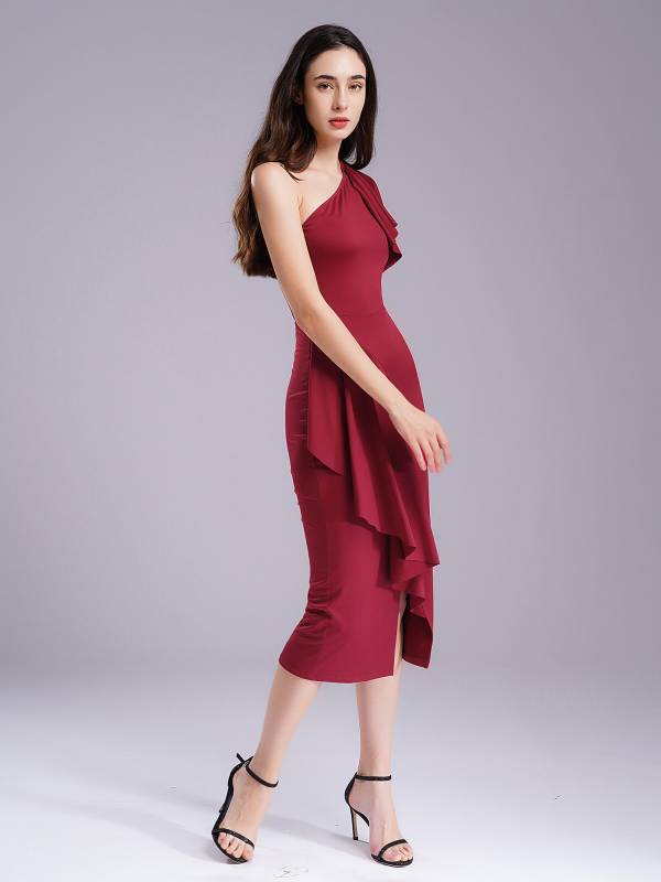Women One Shoulder Cascading Ruffles Bodycon Pencil Dress for Cocktail thumb