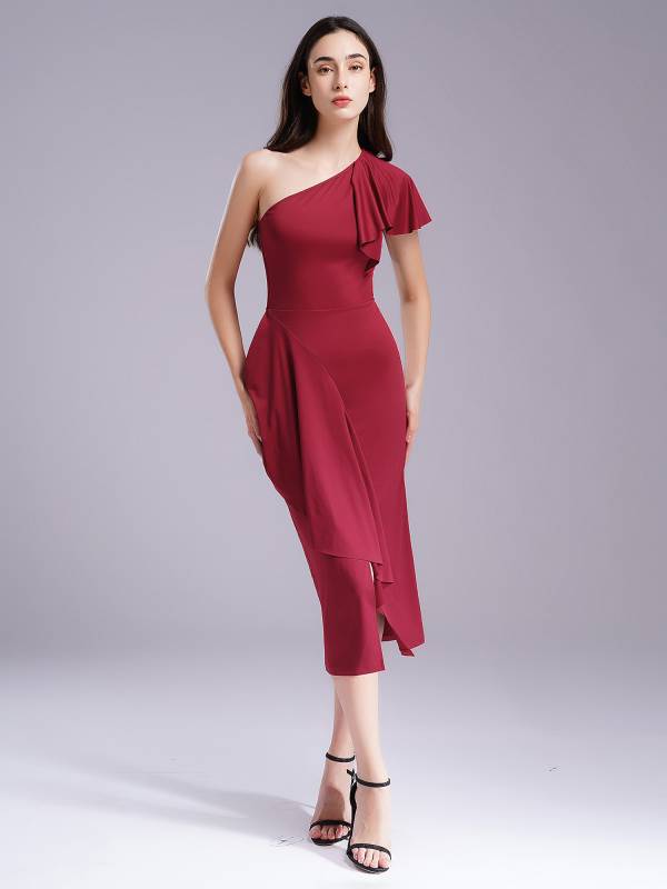 Women One Shoulder Cascading Ruffles Bodycon Pencil Dress for Cocktail thumb