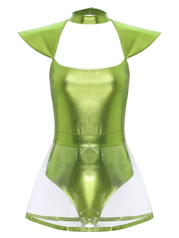 Women Cap Sleeve Metallic Bodysuit with PVC Skirt Alien Cospaly Costume thumb