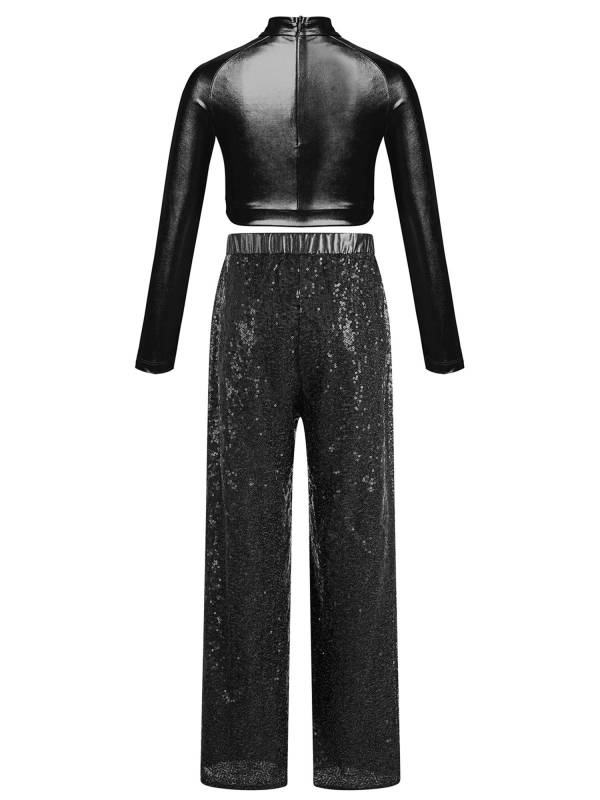Kids Girls 2pcs Sequins Long Sleeve Crop Top and Pants Jazz Dance Set thumb