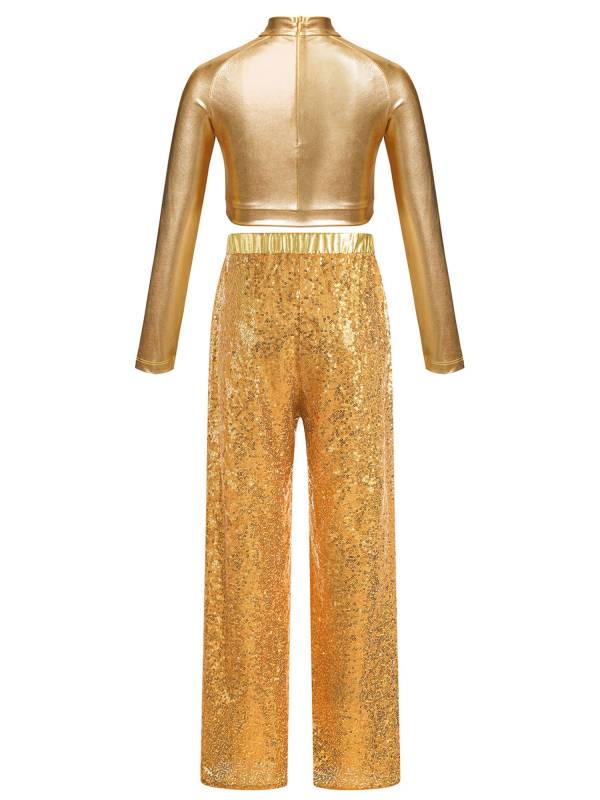 Kids Girls 2pcs Sequins Long Sleeve Crop Top and Pants Jazz Dance Set thumb