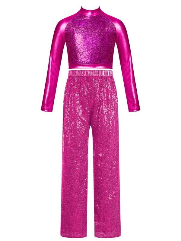 Kids Girls 2pcs Sequins Long Sleeve Crop Top and Pants Jazz Dance Set thumb