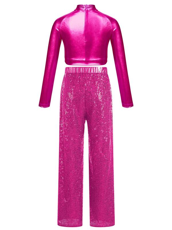 Kids Girls 2pcs Sequins Long Sleeve Crop Top and Pants Jazz Dance Set thumb