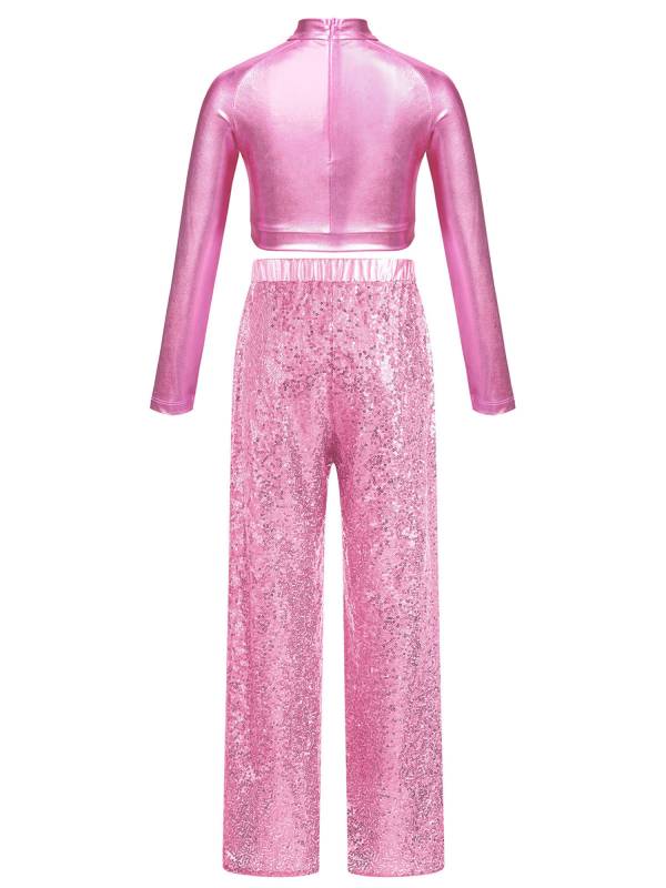 Kids Girls 2pcs Sequins Long Sleeve Crop Top and Pants Jazz Dance Set thumb