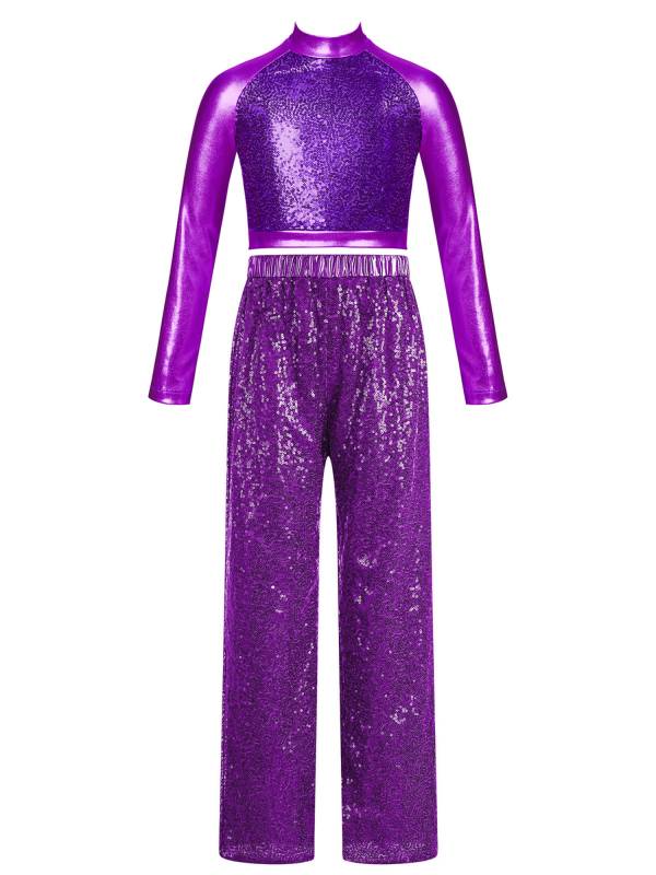 Kids Girls 2pcs Sequins Long Sleeve Crop Top and Pants Jazz Dance Set thumb
