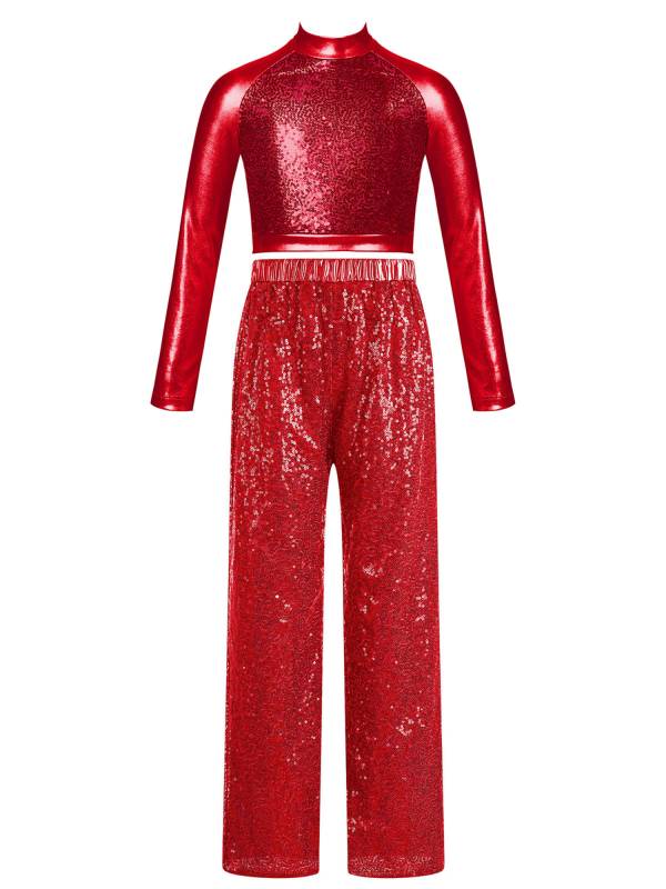 Kids Girls 2pcs Sequins Long Sleeve Crop Top and Pants Jazz Dance Set thumb