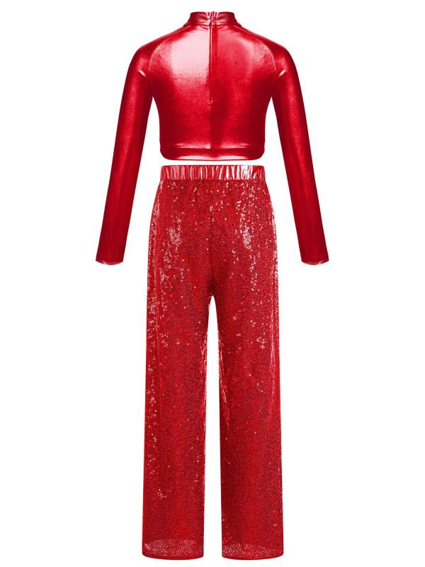 Kids Girls 2pcs Sequins Long Sleeve Crop Top and Pants Jazz Dance Set thumb