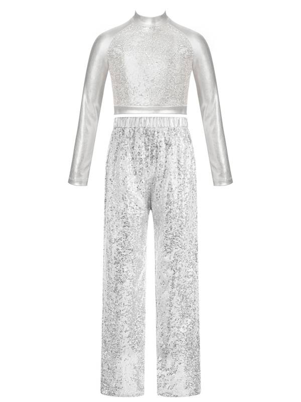 Kids Girls 2pcs Sequins Long Sleeve Crop Top and Pants Jazz Dance Set thumb