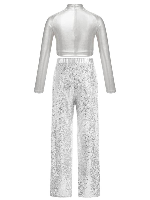 Kids Girls 2pcs Sequins Long Sleeve Crop Top and Pants Jazz Dance Set thumb