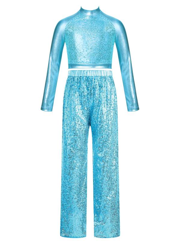 Kids Girls 2pcs Sequins Long Sleeve Crop Top and Pants Jazz Dance Set thumb