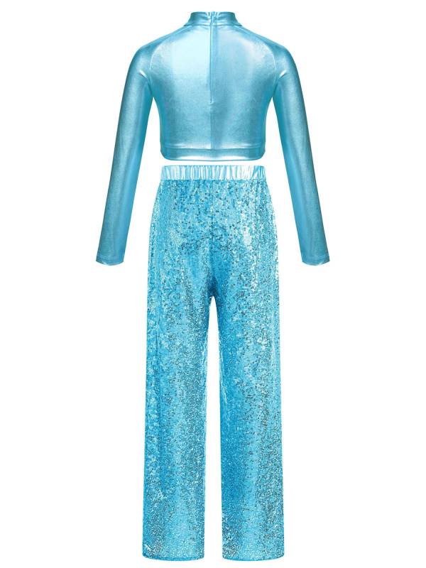 Kids Girls 2pcs Sequins Long Sleeve Crop Top and Pants Jazz Dance Set thumb