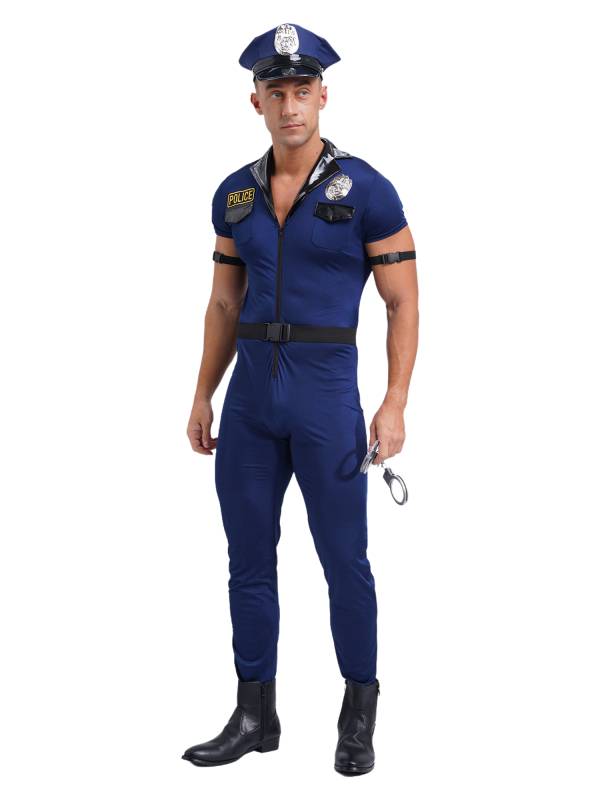 Men Halloween Short Sleeve Zipper Jumpsuit Hat Belt Manacles Police Costume thumb