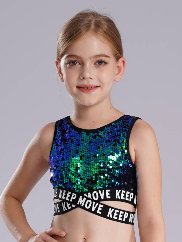 Kids Girls Sequin Sleeveless Criss-cross Waistline Crop Top for Dance thumb
