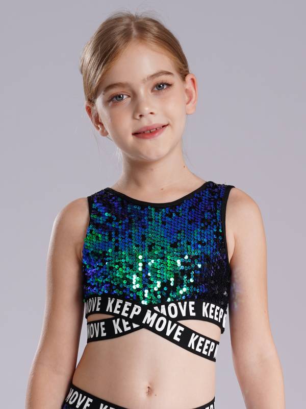 Kids Girls Sequin Sleeveless Criss-cross Waistline Crop Top for Dance thumb
