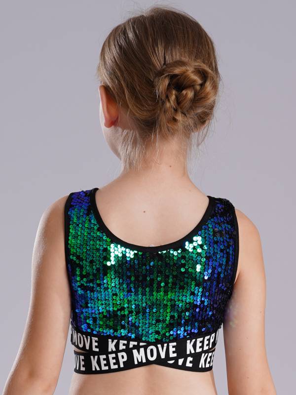 Kids Girls Sequin Sleeveless Criss-cross Waistline Crop Top for Dance thumb