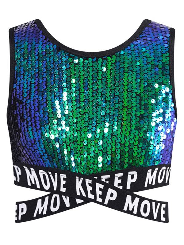 Kids Girls Sequin Sleeveless Criss-cross Waistline Crop Top for Dance thumb