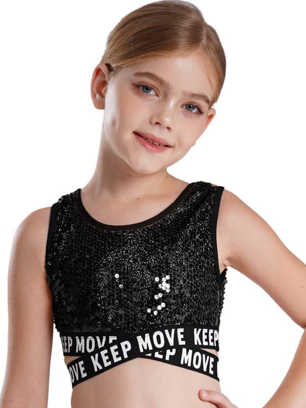 Kids Girls Sequin Sleeveless Criss-cross Waistline Crop Top for Dance thumb
