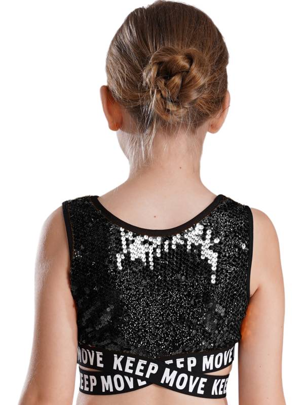 Kids Girls Sequin Sleeveless Criss-cross Waistline Crop Top for Dance thumb