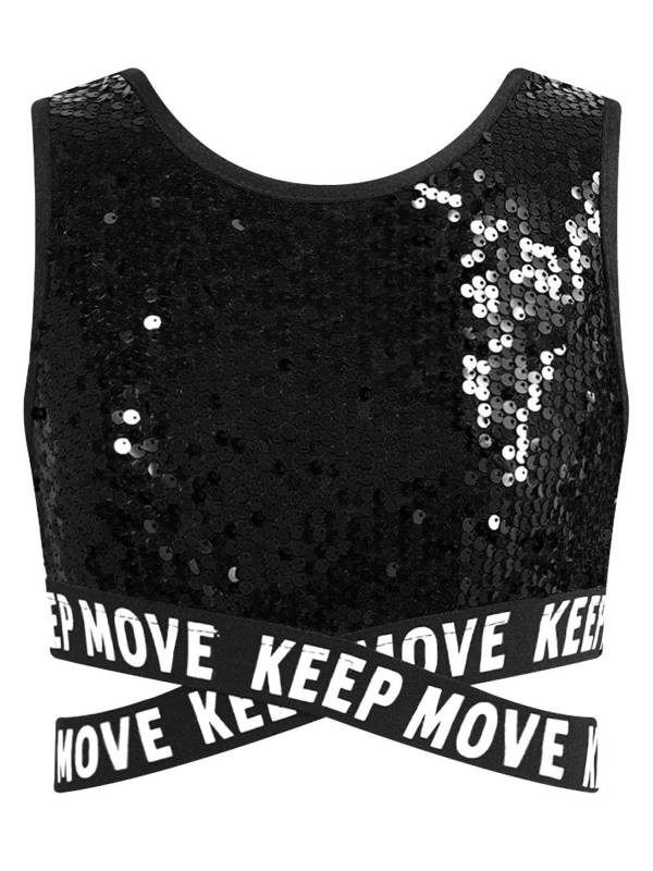 Kids Girls Sequin Sleeveless Criss-cross Waistline Crop Top for Dance thumb
