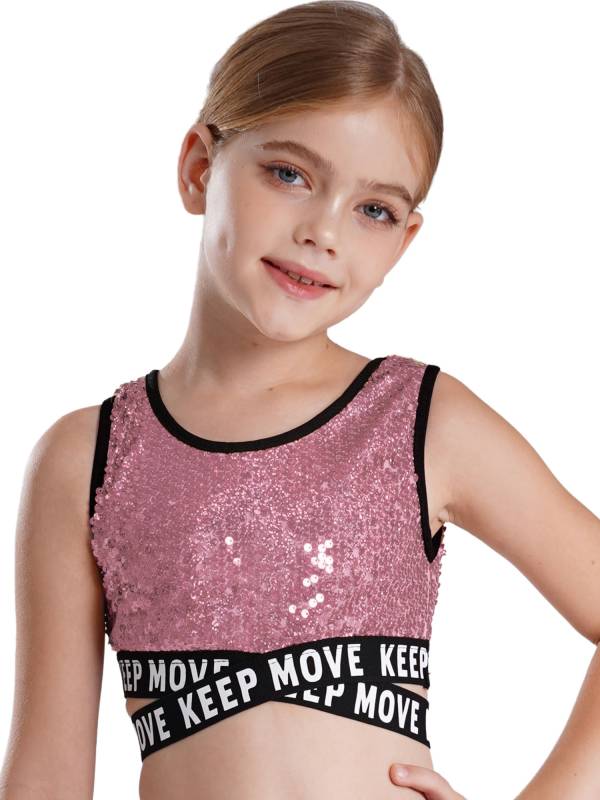 Kids Girls Sequin Sleeveless Criss-cross Waistline Crop Top for Dance thumb